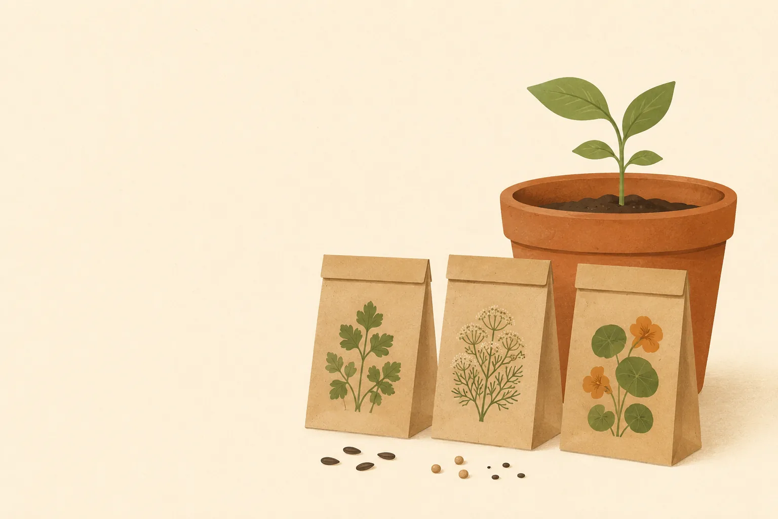 Illustrated seed packets beside a terracotta pot with a young seedling